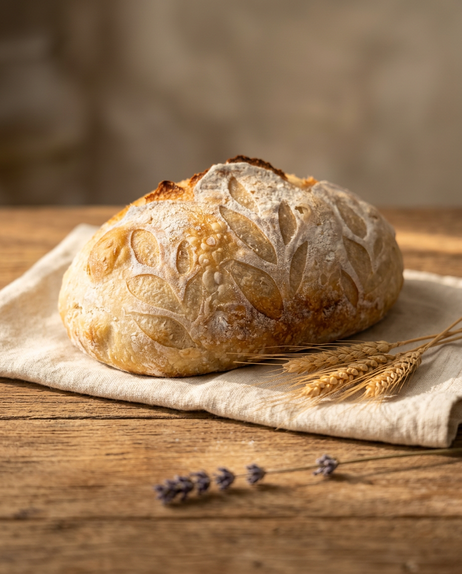 Freshly baked sourdough boule with wheat and dried flowers